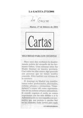  Dossier Prensa 2001. Guardabarros. Comité de Bici Urbana Salamanca.